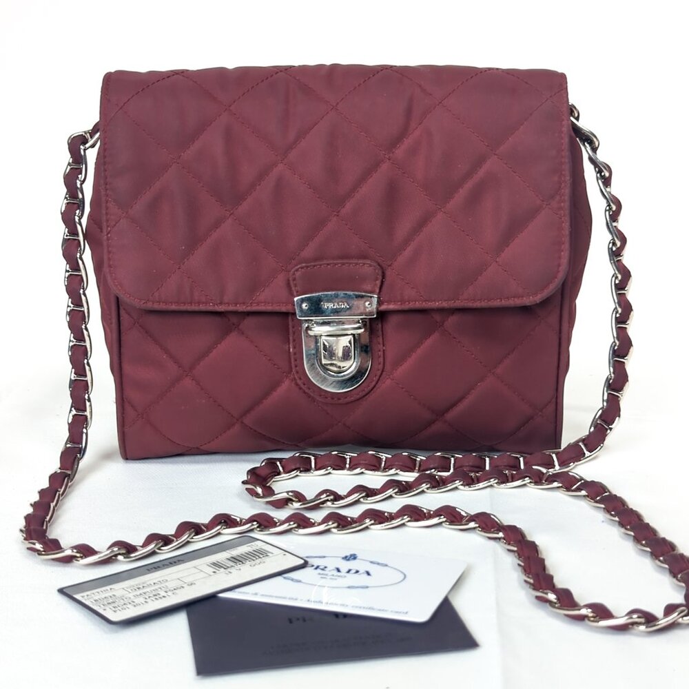 PRADA Impuntu Tessuto Quilted Nylon Chain Crossbody Bag Granato